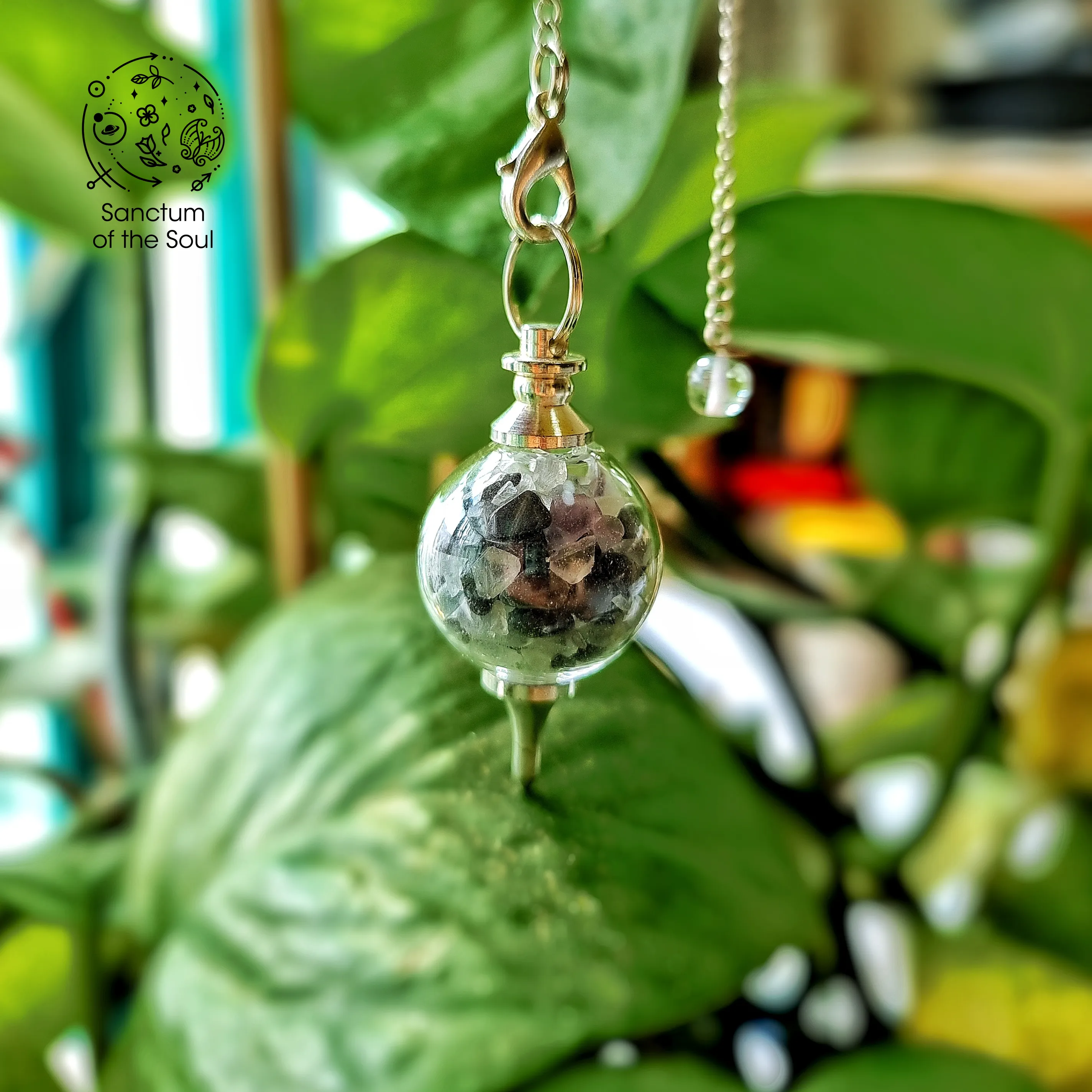 Black Tourmaline and Fluorite in Glass Pendulum