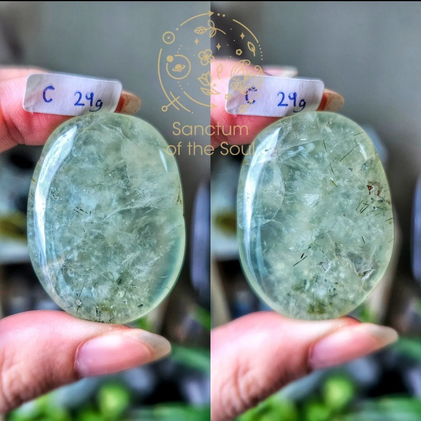Epidote in Prehnite Palm Stones