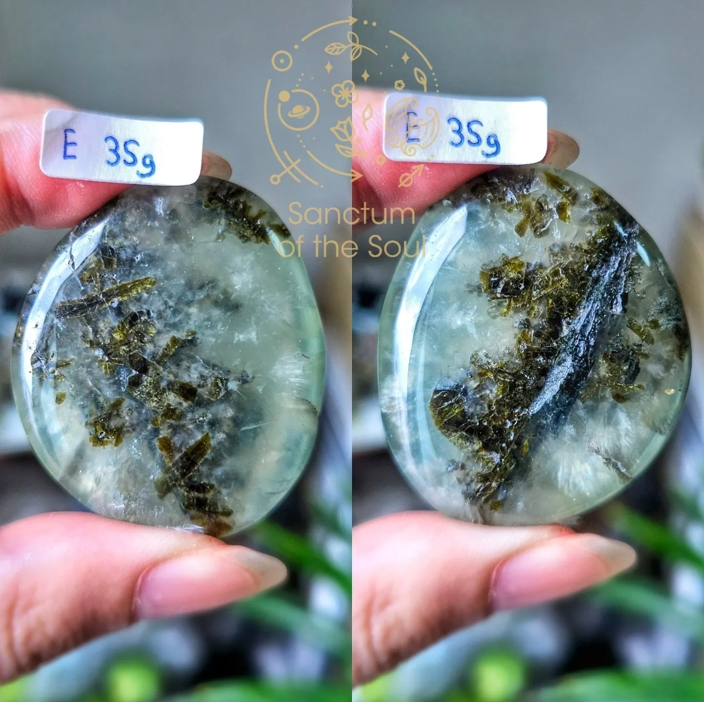 Epidote in Prehnite Palm Stones