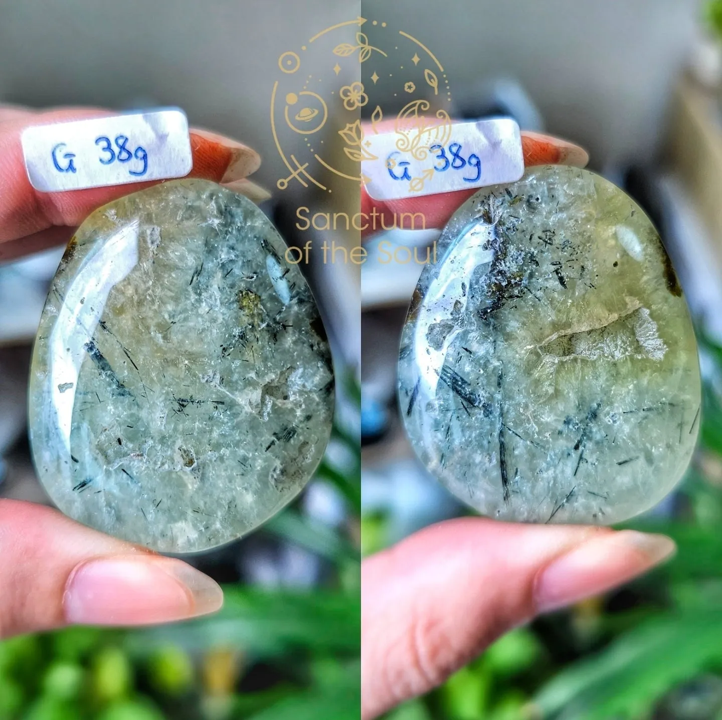 Epidote in Prehnite Palm Stones