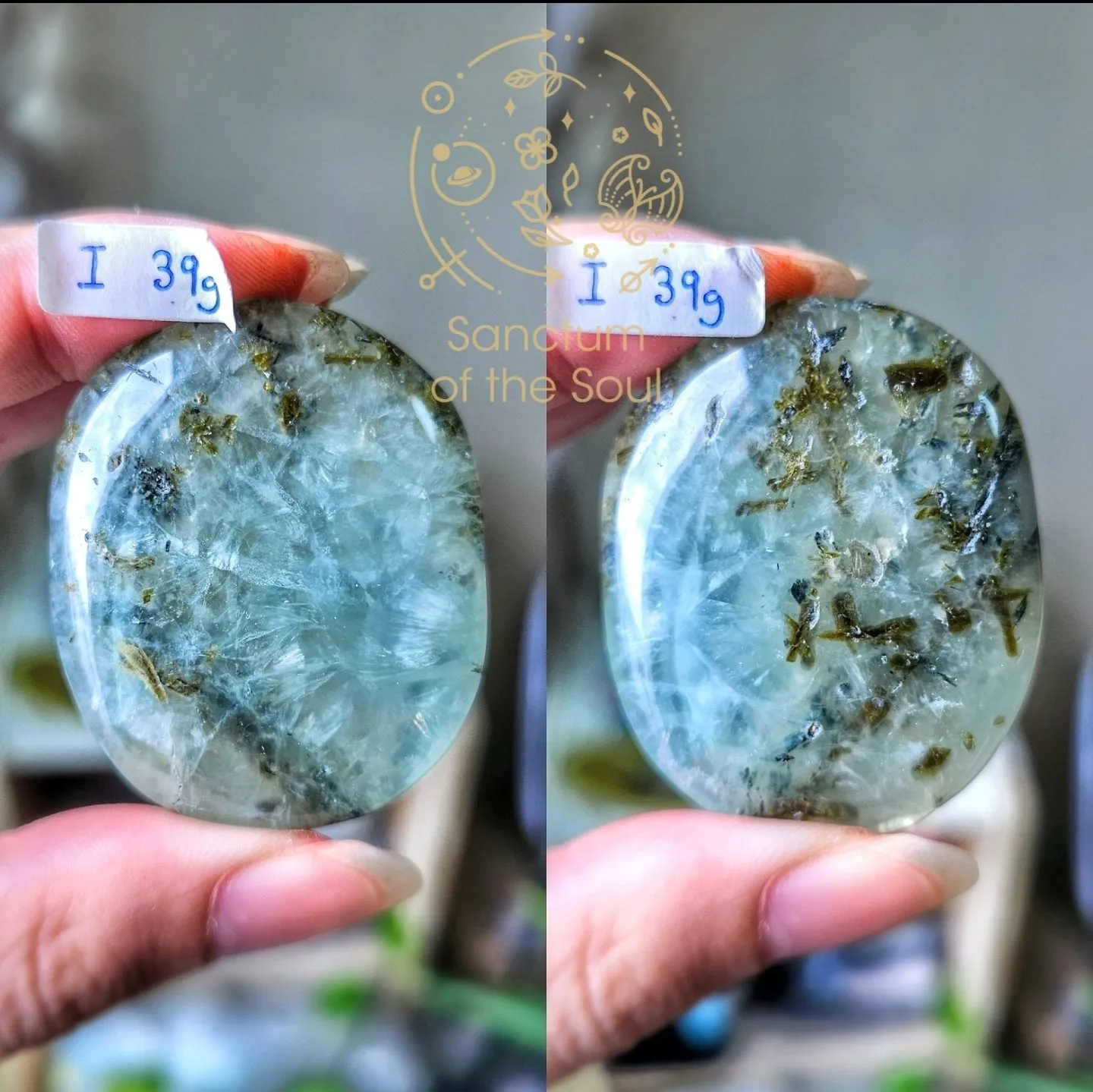 Epidote in Prehnite Palm Stones