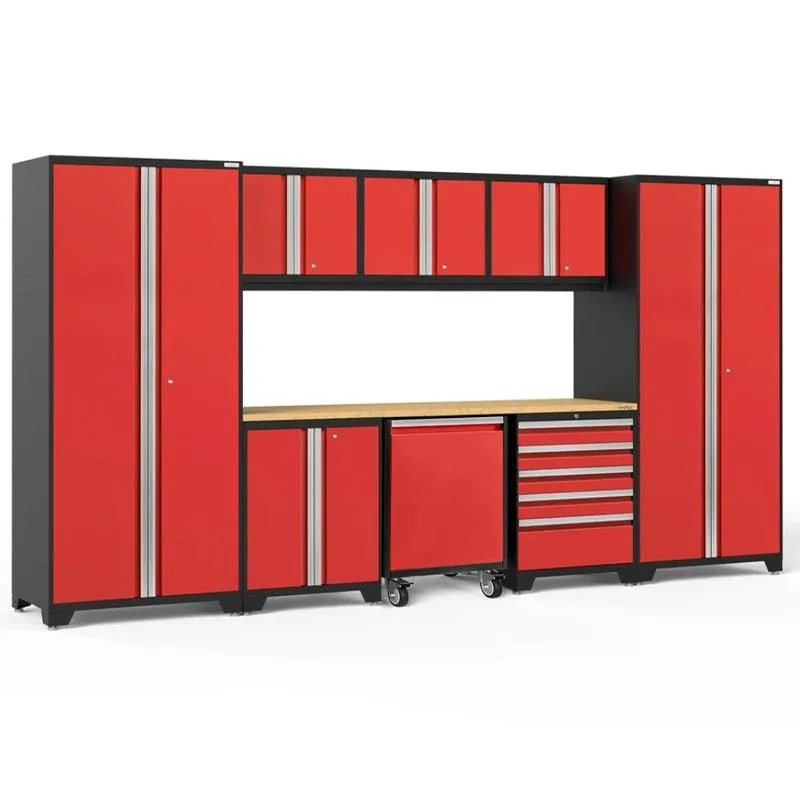 NEWAGE Pro Series 9 Piece Cabinet Set with Wall, Base, Tool Drawer, Multi-Function Cabinet, Lockers, and 84 in. Worktop