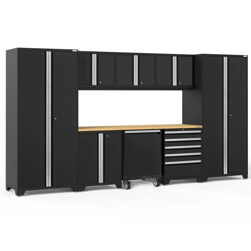 NEWAGE Pro Series 9 Piece Cabinet Set with Wall, Base, Tool Drawer, Multi-Function Cabinet, Lockers, and 84 in. Worktop